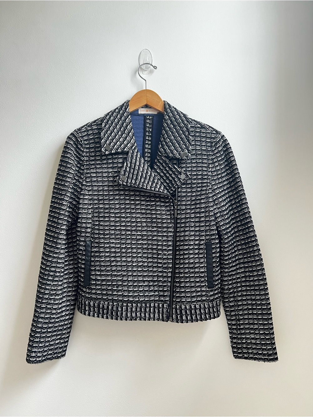 Tory Burch Black & White Raffia Stripe Tweed Moto Blazer